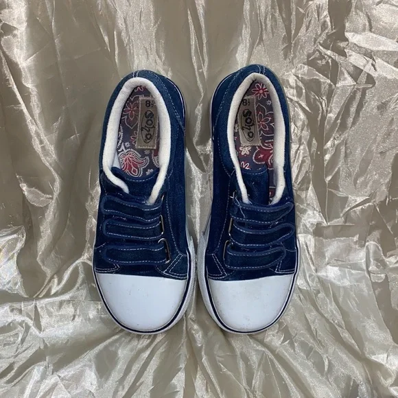 * RARE VINTAGE FIND * 8.5 CHUNKY PLATFORM Y2K 90s denim strappy Velcro schoolboy - Picture 2 of 4